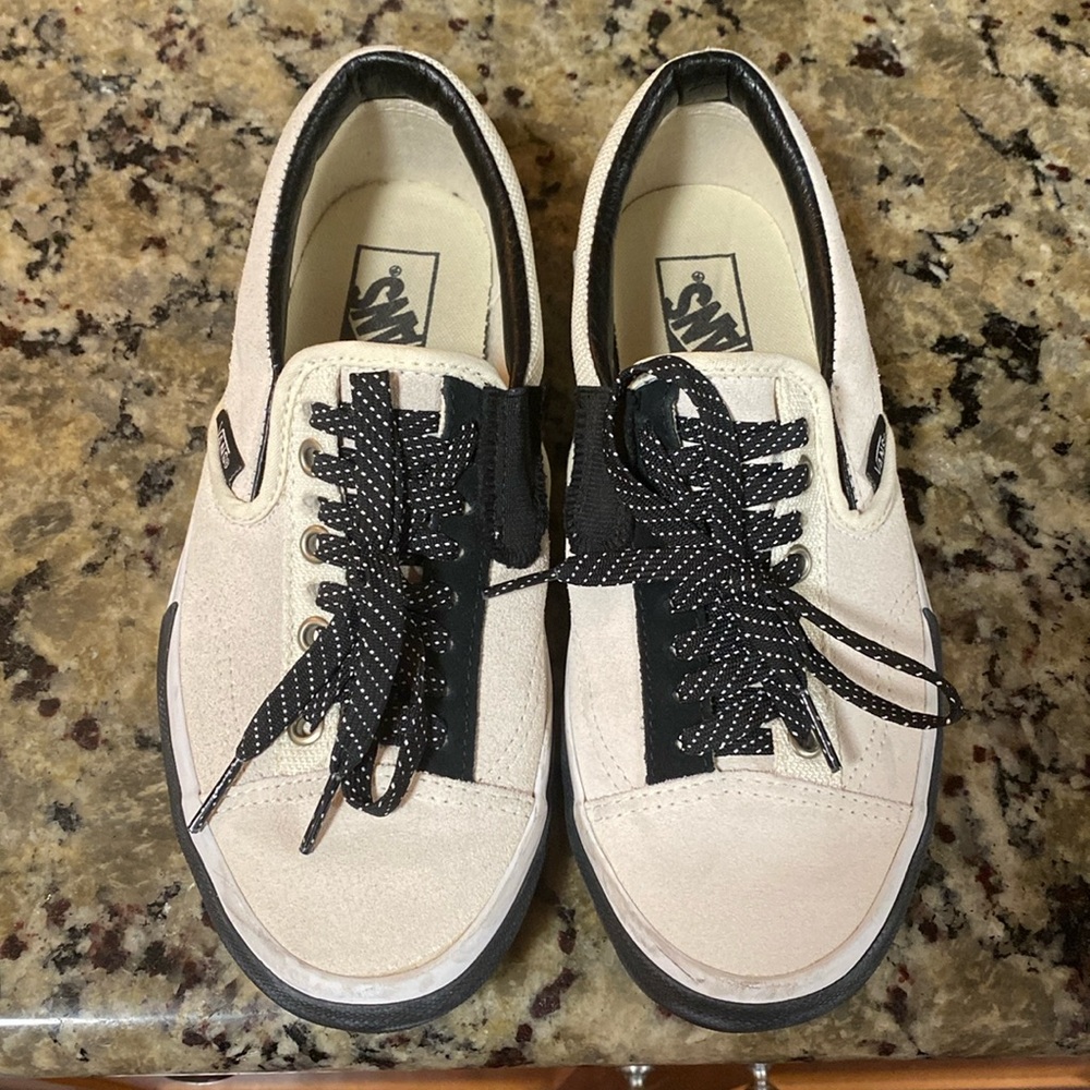 RARE- White suede with black, deconstructed slip on Vans